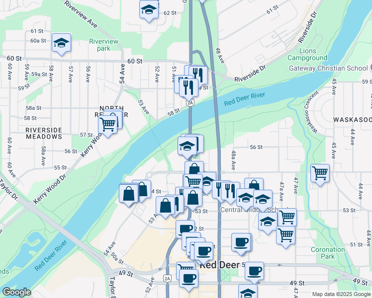 map of restaurants, bars, coffee shops, grocery stores, and more near 5516 50 Avenue in Red Deer