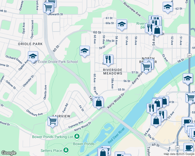 map of restaurants, bars, coffee shops, grocery stores, and more near 5617 60 Avenue in Red Deer