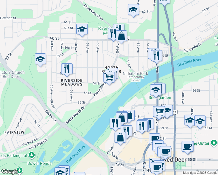 map of restaurants, bars, coffee shops, grocery stores, and more near 5423 57 Street in Red Deer
