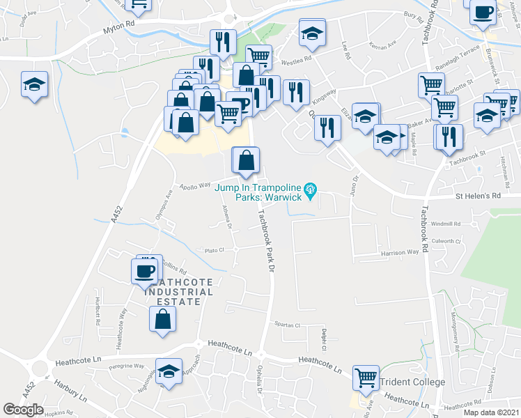 map of restaurants, bars, coffee shops, grocery stores, and more near Tachbrook Park Drive in Royal Leamington Spa