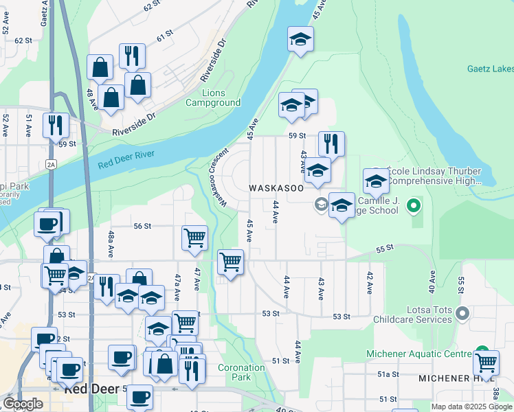 map of restaurants, bars, coffee shops, grocery stores, and more near in Red Deer