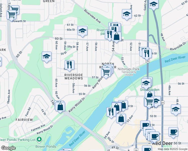 map of restaurants, bars, coffee shops, grocery stores, and more near 5604 57 Street in Red Deer