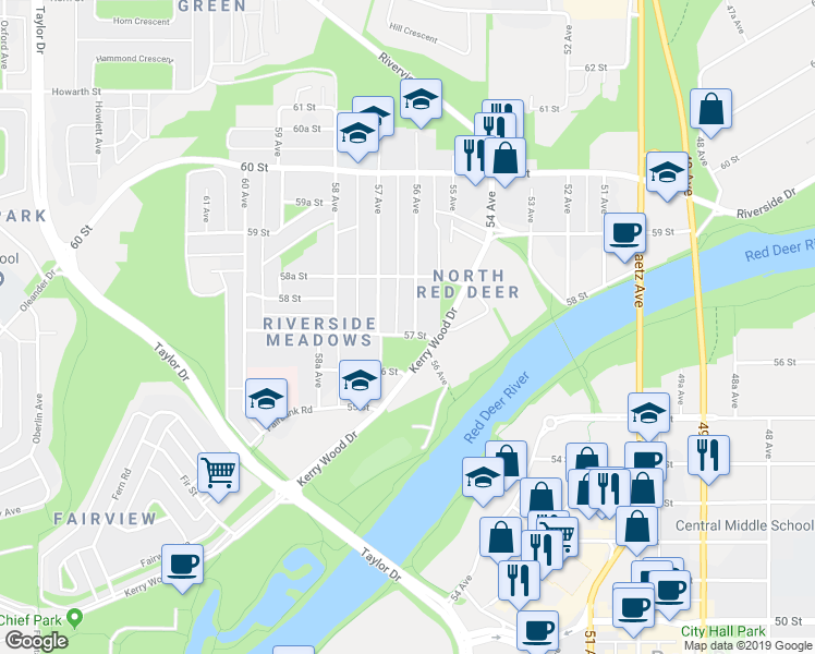map of restaurants, bars, coffee shops, grocery stores, and more near 5716 B 56 Avenue in Red Deer