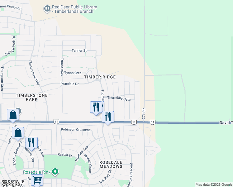 map of restaurants, bars, coffee shops, grocery stores, and more near 1 Travis Close in Red Deer