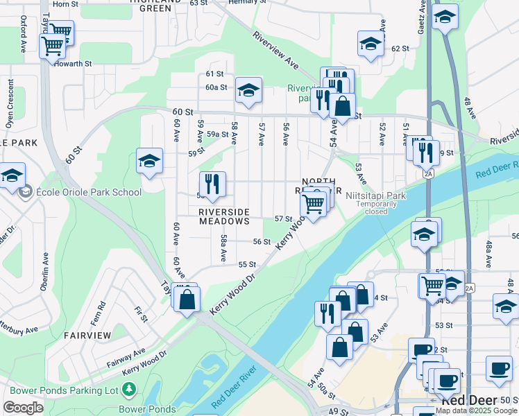 map of restaurants, bars, coffee shops, grocery stores, and more near 5712 57 Avenue in Red Deer