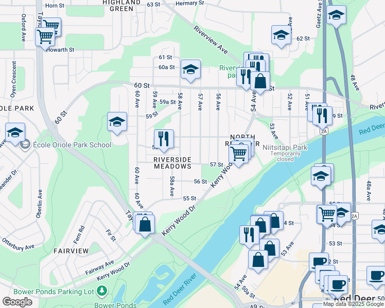 map of restaurants, bars, coffee shops, grocery stores, and more near 5712 57 Avenue in Red Deer