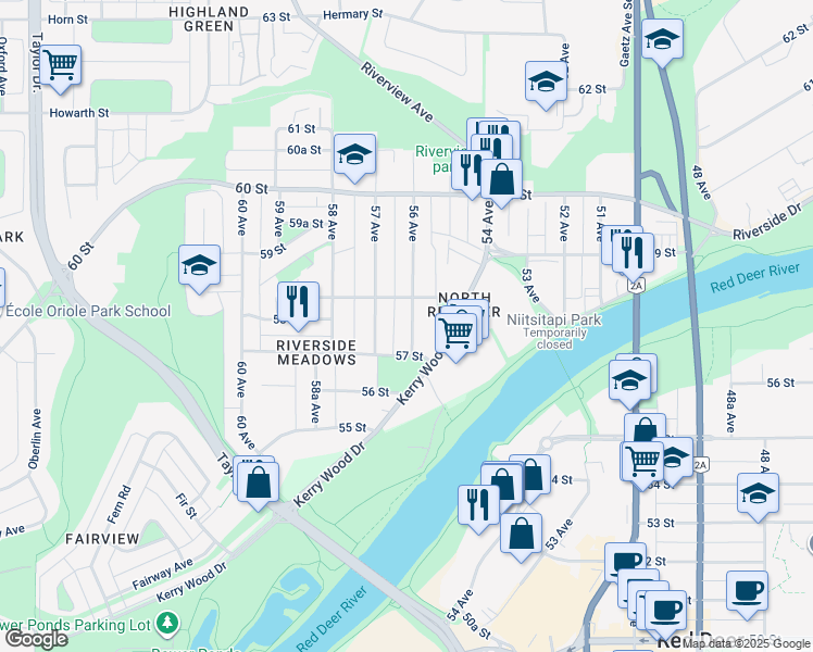 map of restaurants, bars, coffee shops, grocery stores, and more near 5716 B 56 Avenue in Red Deer