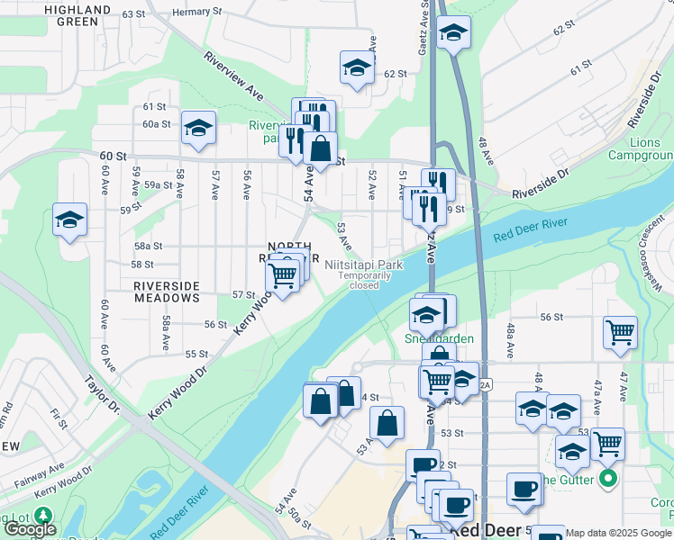 map of restaurants, bars, coffee shops, grocery stores, and more near 5816 53 Avenue in Red Deer