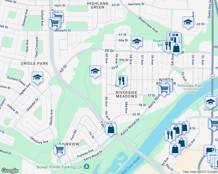 map of restaurants, bars, coffee shops, grocery stores, and more near 5713 60 Avenue in Red Deer