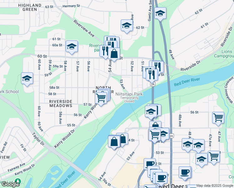 map of restaurants, bars, coffee shops, grocery stores, and more near 5816 C 53 Avenue in Red Deer