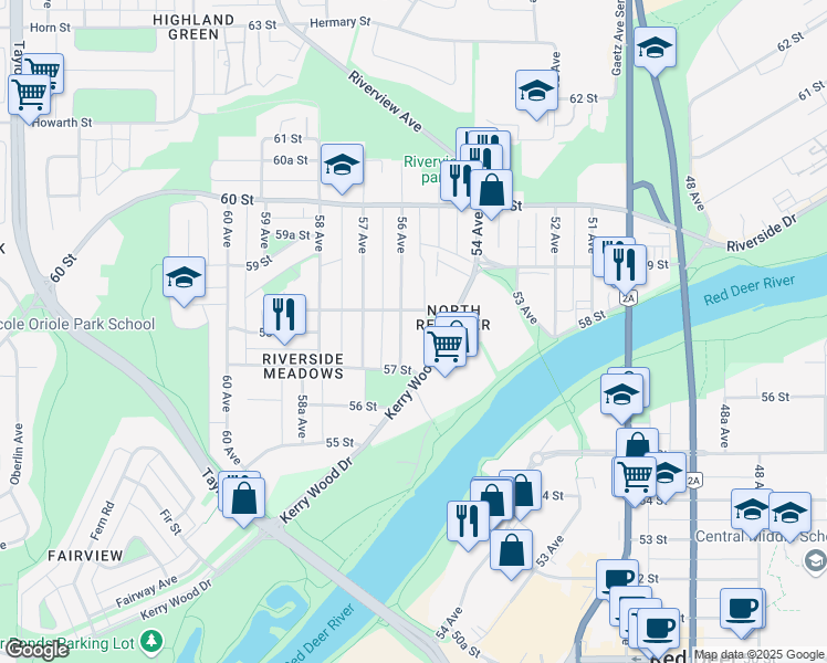 map of restaurants, bars, coffee shops, grocery stores, and more near 5716 B 56 Avenue in Red Deer