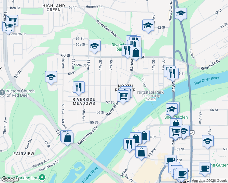 map of restaurants, bars, coffee shops, grocery stores, and more near 5721 56 Avenue in Red Deer