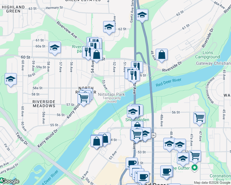 map of restaurants, bars, coffee shops, grocery stores, and more near 5330 58 Street in Red Deer