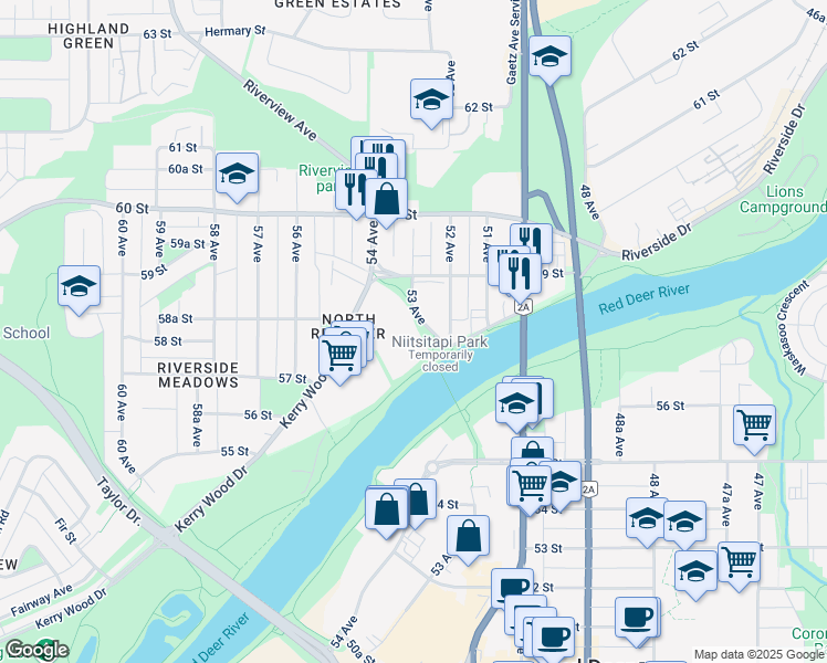 map of restaurants, bars, coffee shops, grocery stores, and more near 5816 C 53 Avenue in Red Deer