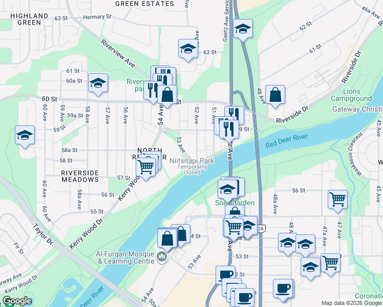 map of restaurants, bars, coffee shops, grocery stores, and more near 5806 52 Avenue in Red Deer