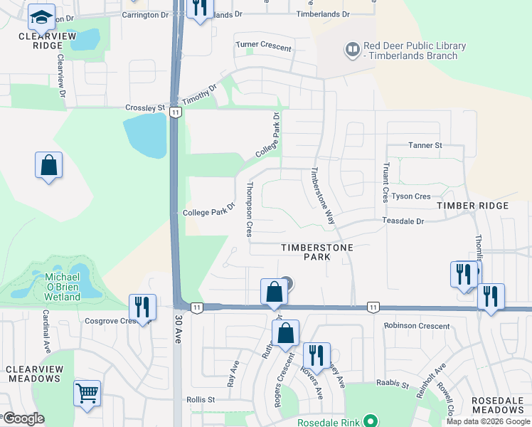map of restaurants, bars, coffee shops, grocery stores, and more near 3-9 College Park Drive in Blackfalds