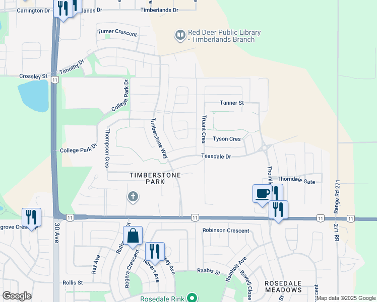 map of restaurants, bars, coffee shops, grocery stores, and more near 66 Traptow Close in Red Deer