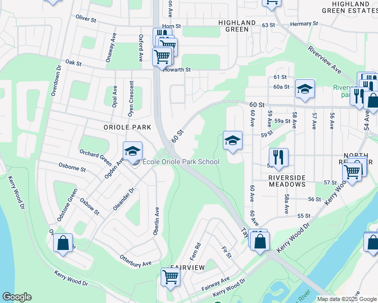 map of restaurants, bars, coffee shops, grocery stores, and more near 6209 60 Street in Red Deer