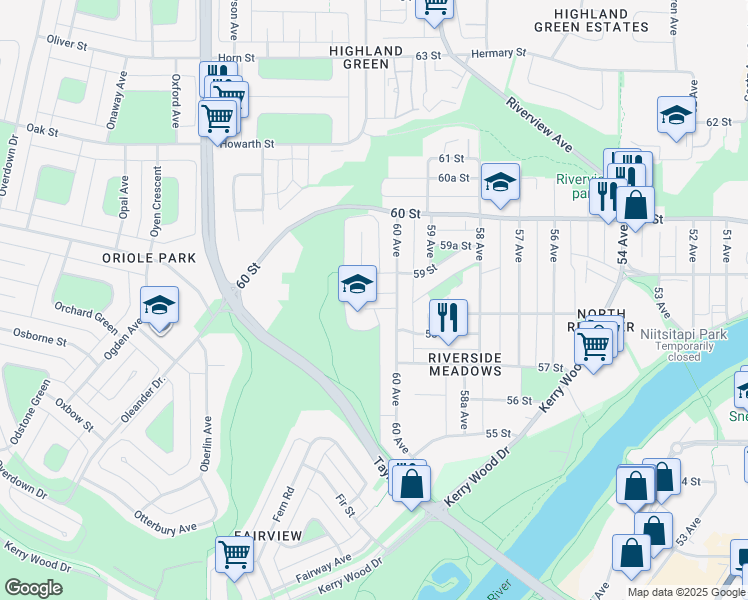map of restaurants, bars, coffee shops, grocery stores, and more near 6018 58A Street in Red Deer