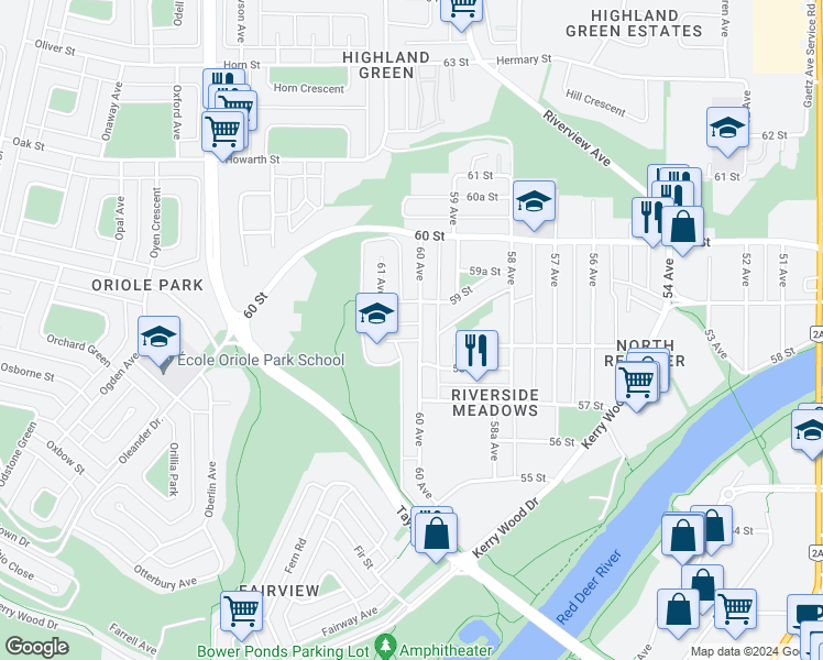 map of restaurants, bars, coffee shops, grocery stores, and more near 6010 58A Street in Red Deer