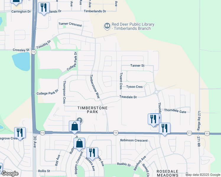 map of restaurants, bars, coffee shops, grocery stores, and more near 66 Traptow Close in Red Deer