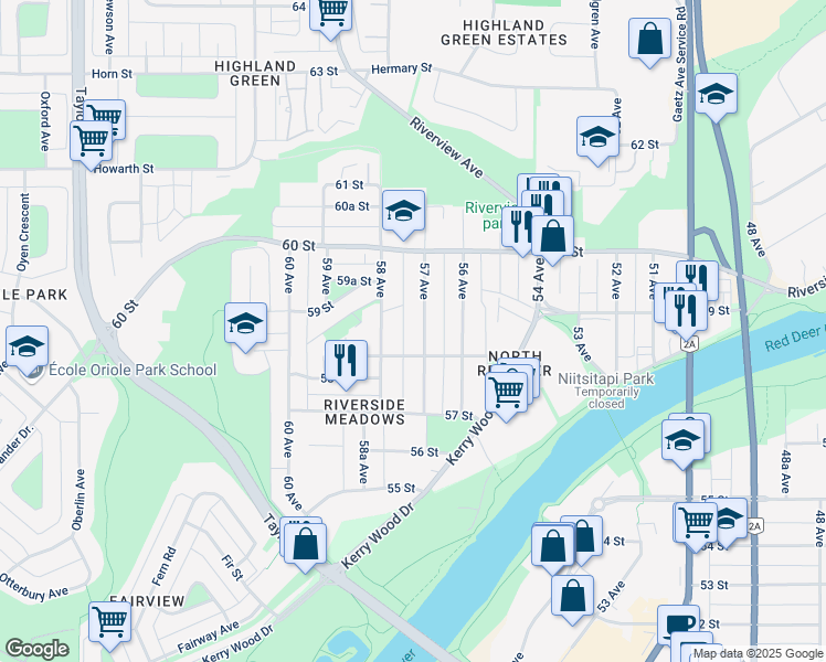 map of restaurants, bars, coffee shops, grocery stores, and more near 5812 57 Avenue in Red Deer