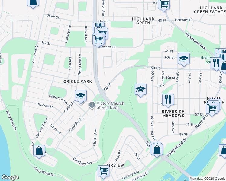 map of restaurants, bars, coffee shops, grocery stores, and more near 6209 60 Street in Red Deer