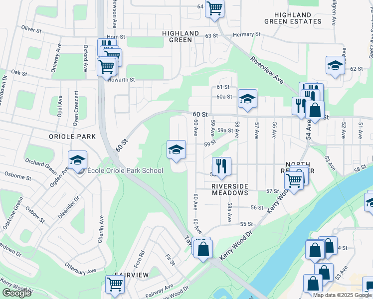 map of restaurants, bars, coffee shops, grocery stores, and more near 6011 59 Street in Red Deer