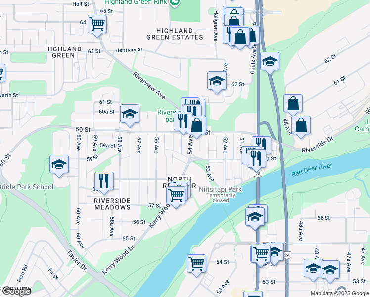 map of restaurants, bars, coffee shops, grocery stores, and more near 5926 54 Avenue in Red Deer