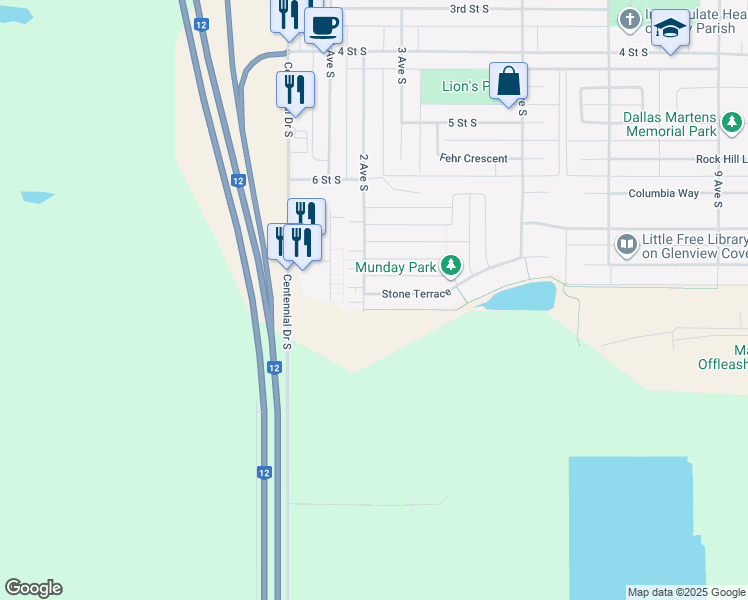 map of restaurants, bars, coffee shops, grocery stores, and more near 204 Stone Terrace in Martensville