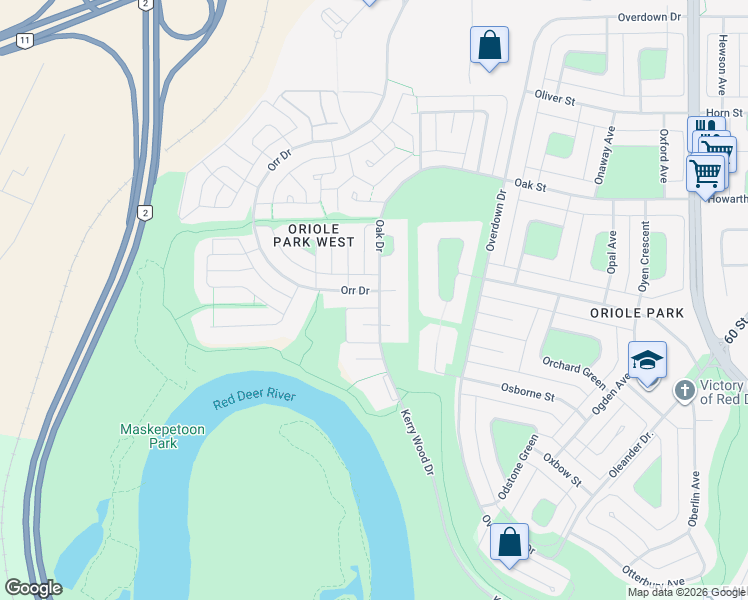 map of restaurants, bars, coffee shops, grocery stores, and more near 5976 Orr Drive in Red Deer