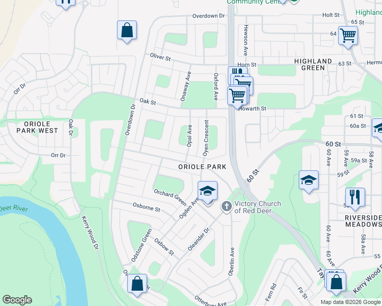 map of restaurants, bars, coffee shops, grocery stores, and more near 7 Opal Avenue in Red Deer