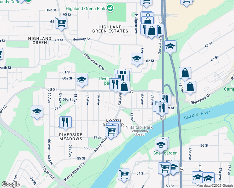map of restaurants, bars, coffee shops, grocery stores, and more near 5926 54 Avenue in Red Deer