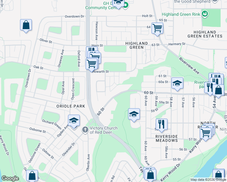 map of restaurants, bars, coffee shops, grocery stores, and more near 27 Halman Crescent in Red Deer
