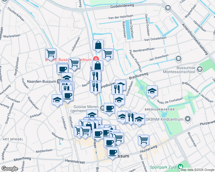 map of restaurants, bars, coffee shops, grocery stores, and more near 12 Brediusweg in Bussum