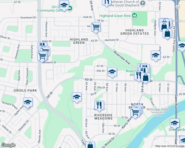 map of restaurants, bars, coffee shops, grocery stores, and more near 6020 59 Avenue in Red Deer