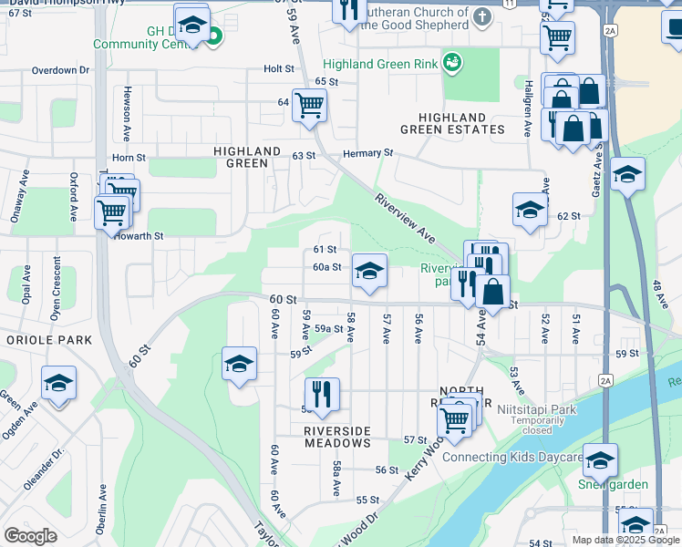 map of restaurants, bars, coffee shops, grocery stores, and more near 5807 60A Street in Red Deer