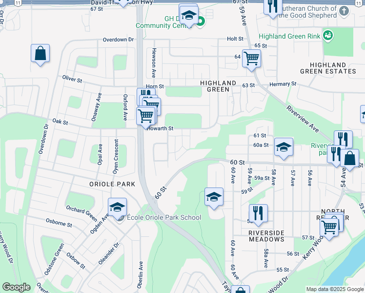 map of restaurants, bars, coffee shops, grocery stores, and more near 15 Halman Crescent in Red Deer