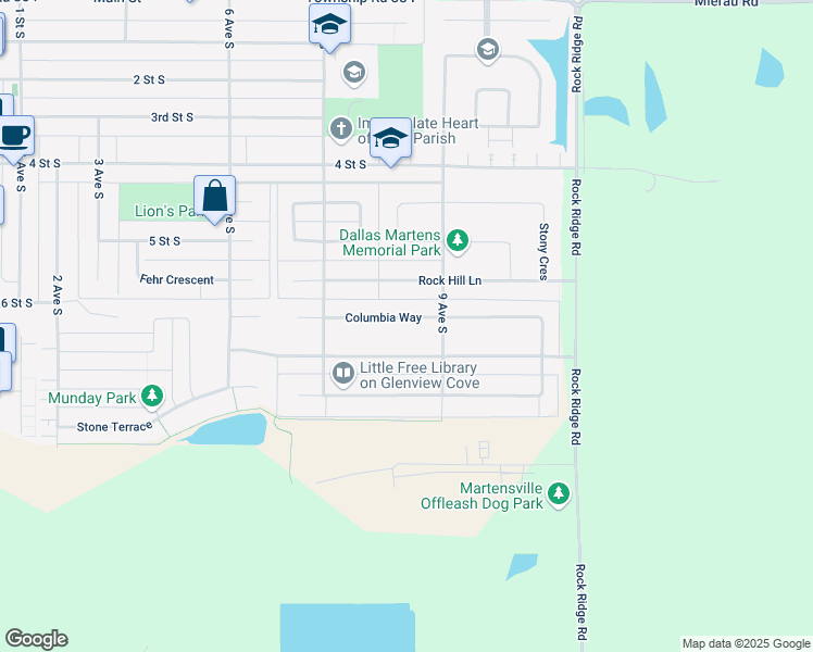 map of restaurants, bars, coffee shops, grocery stores, and more near 828 Columbia Way in Martensville
