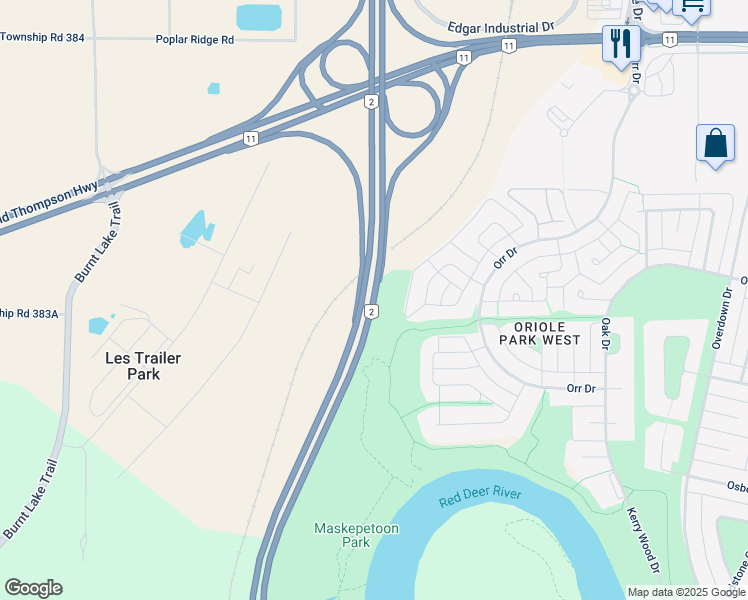map of restaurants, bars, coffee shops, grocery stores, and more near Alberta 2 in Red Deer
