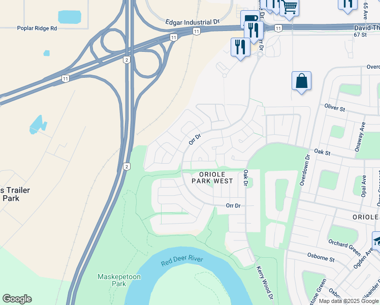map of restaurants, bars, coffee shops, grocery stores, and more near 6177 Orr Drive in Red Deer