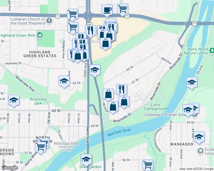 map of restaurants, bars, coffee shops, grocery stores, and more near 47666 62 Street in Red Deer
