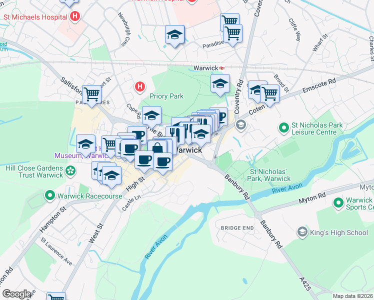 map of restaurants, bars, coffee shops, grocery stores, and more near in Warwick