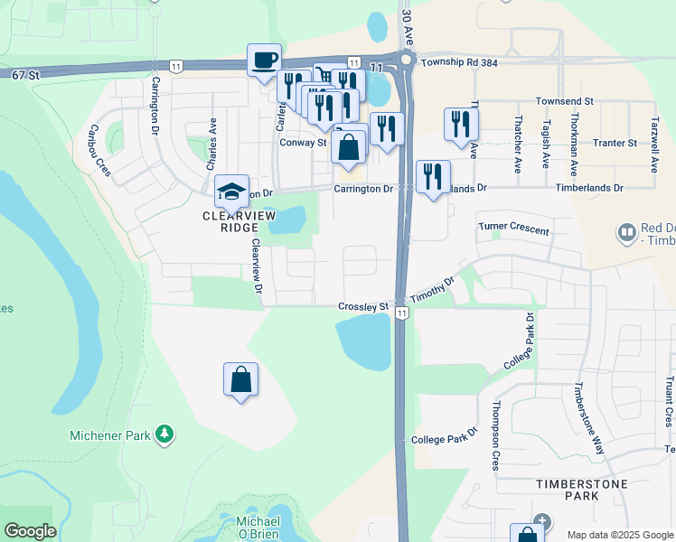 map of restaurants, bars, coffee shops, grocery stores, and more near 23 Cooper Close in Red Deer