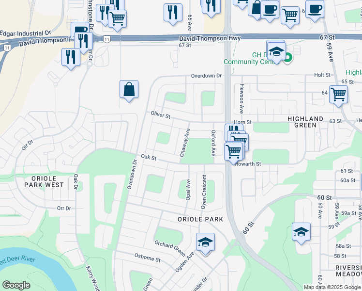 map of restaurants, bars, coffee shops, grocery stores, and more near 38 Onaway Avenue in Red Deer