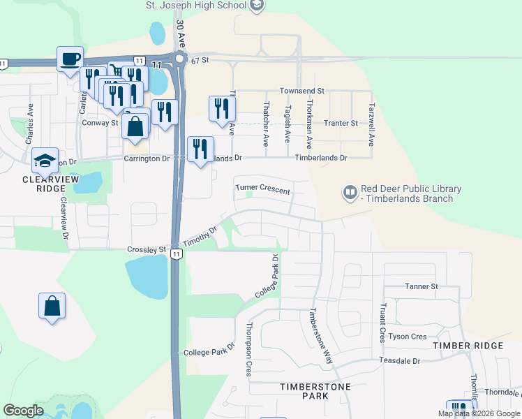 map of restaurants, bars, coffee shops, grocery stores, and more near Towers Court in Blackfalds