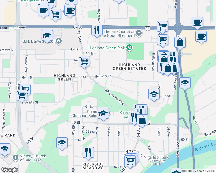 map of restaurants, bars, coffee shops, grocery stores, and more near 5921 63 Street in Red Deer