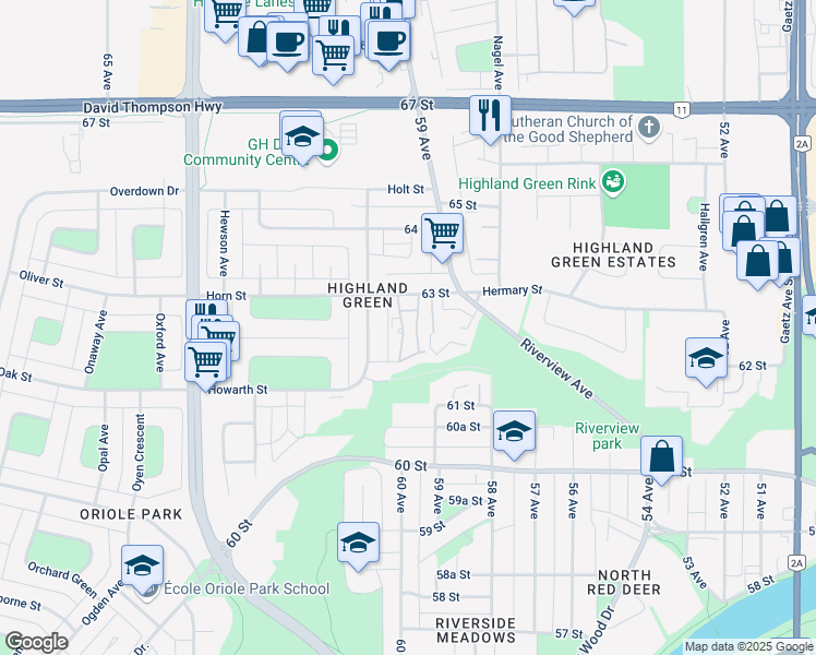 map of restaurants, bars, coffee shops, grocery stores, and more near 5935 63 Street in Red Deer