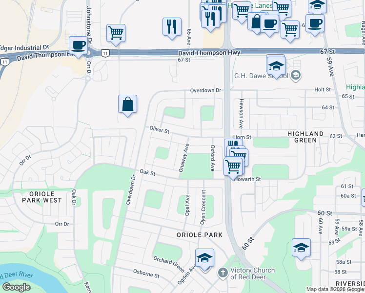 map of restaurants, bars, coffee shops, grocery stores, and more near 54 Onaway Avenue in Red Deer
