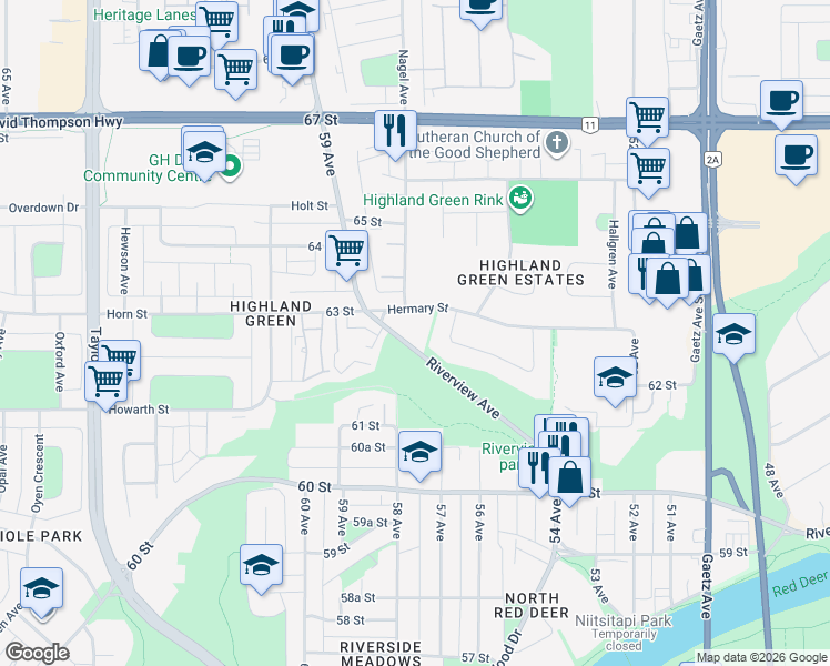 map of restaurants, bars, coffee shops, grocery stores, and more near 103 Hermary Street in Red Deer